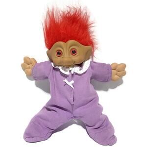 Vintage Treasure Troll Doll 15" Rhinestone Red Hair in Pajamas and Baby Bonnet